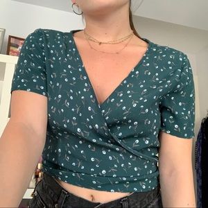 Brandy Melville Green Floral Rae Wrap Top